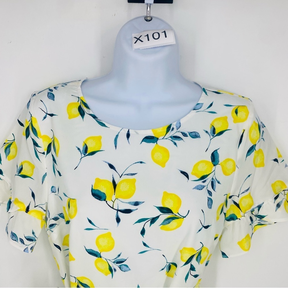 Banana Republic Lemon Print Frill Fit-and-Flare Ruffle Dress Size 4 Tie Waist - Picture 2 of 8